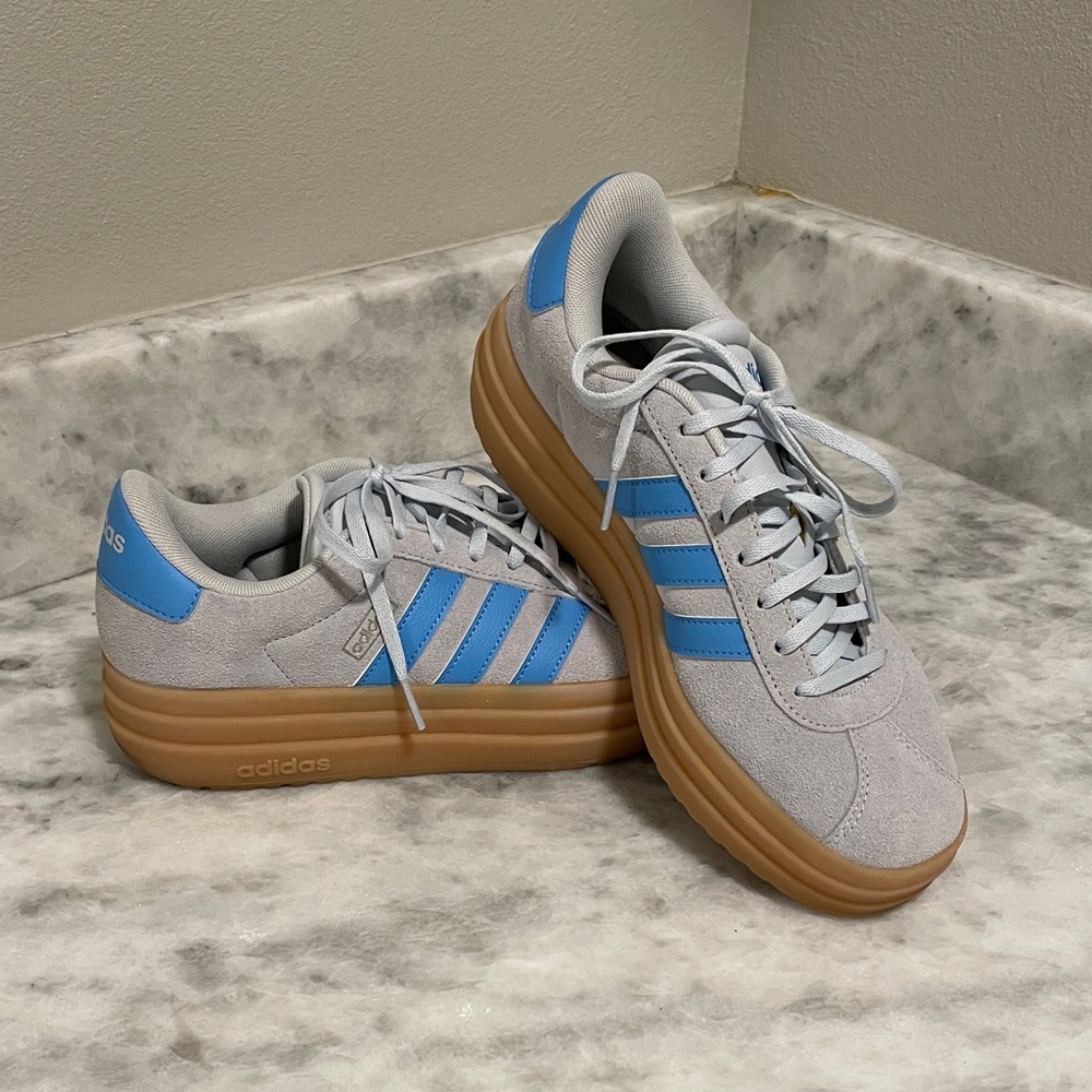 Adidas Light Gray and Blue Sneakers with Gum Sole